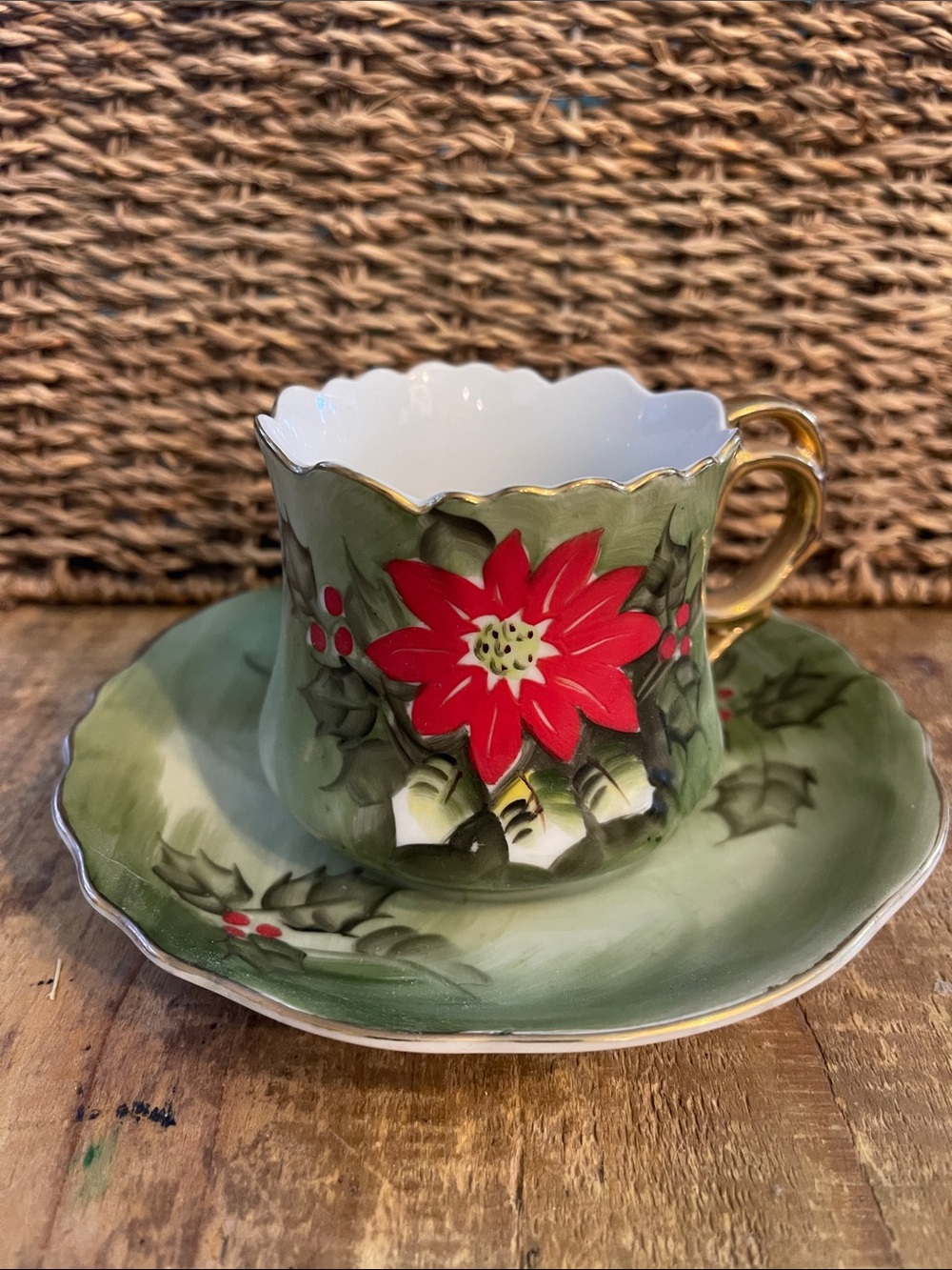 Lefton Tea Cup & Saucer Vtg China Christmas Poinsettia Holly Hand Painted 4392